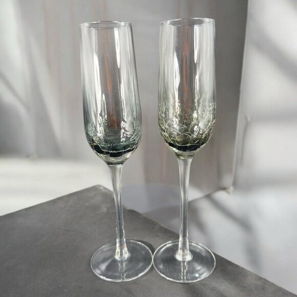 Pier 1 Smokey Black Crackle Glass Flute Drinking Glasses Set 2 Clear Bottom - Picture 1 of 13